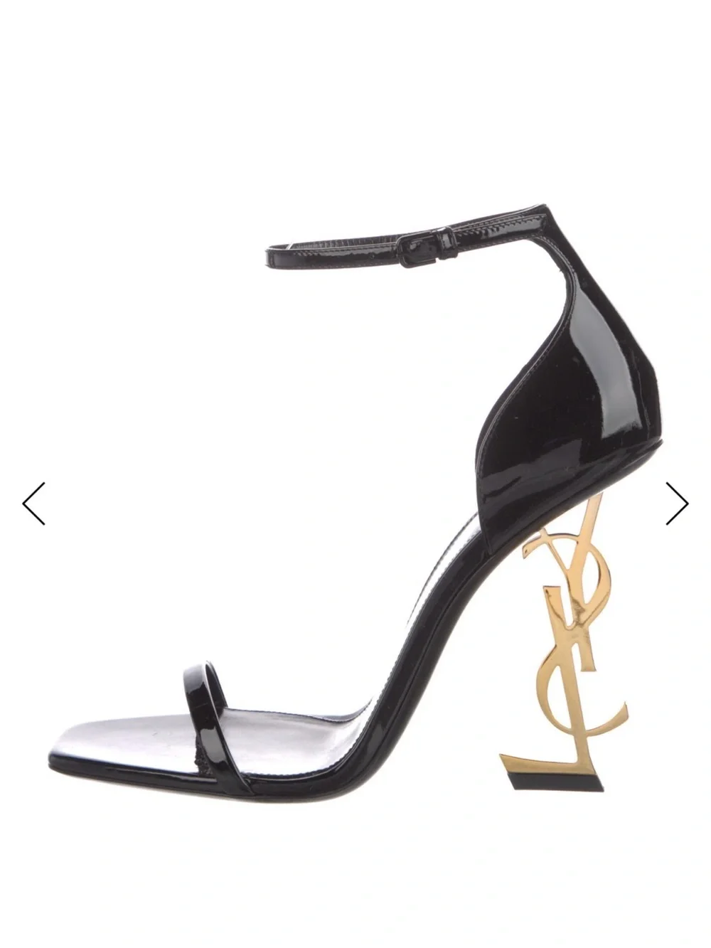 Saint Laurent Black Patent Leather Ankle-Strap Heels with Gold Logo Heel - Picture 2 of 7